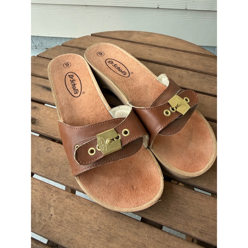 Dr. Scholls Vintage Inspired Brown Wood Wedge Slide Sandals Buckle Womens 9